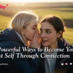 “Relationships fuel growth — two friends supporting each other during sunset in a realistic cinematic scene”